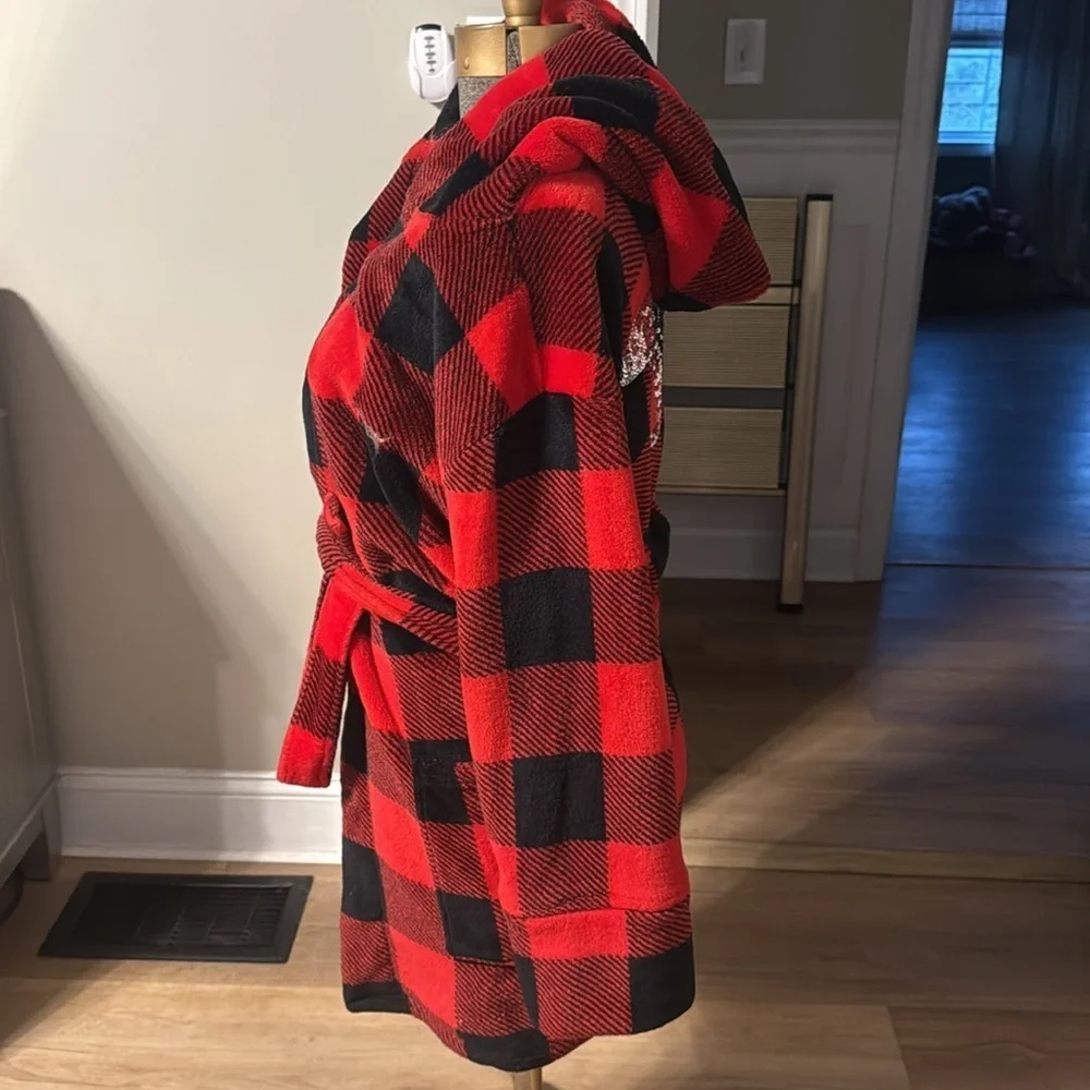 PINK Victoria’s Secret Red & Black Buffalo Plaid Sequin Dog Hooded Robe Sz. XS/S